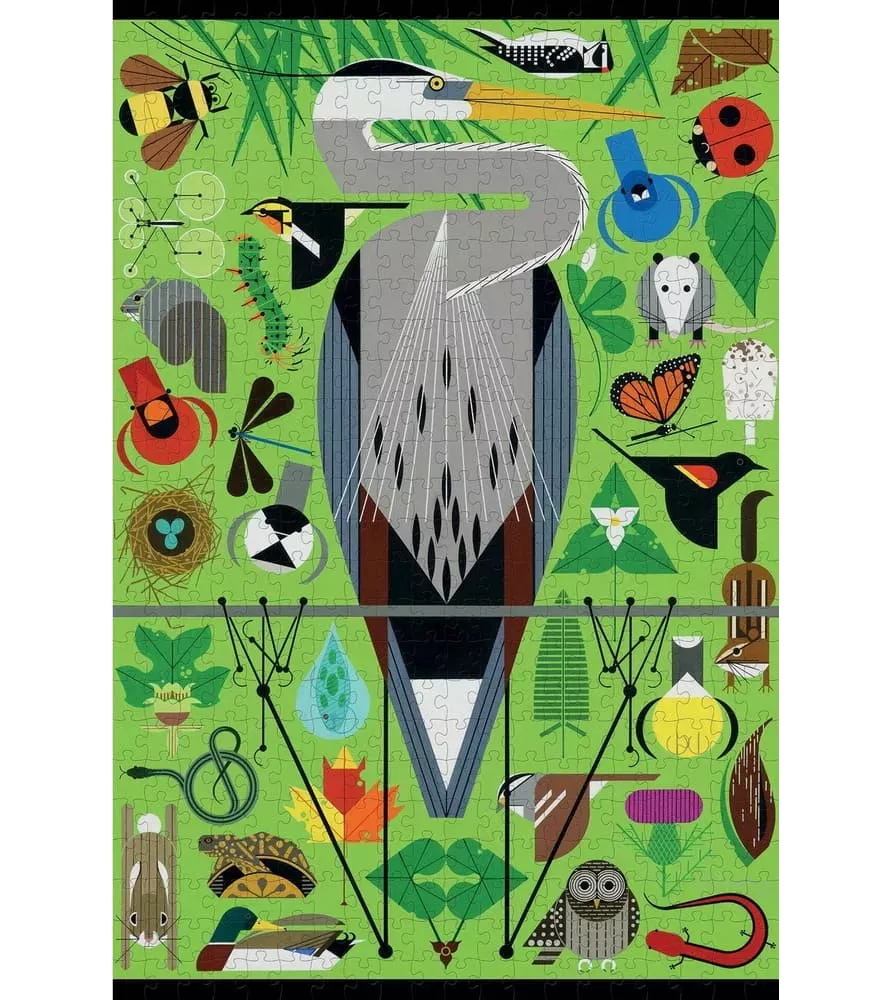 Puzzle Secret Sanctuary 500 pièces Pomegranate – héron, oiseaux et nature graphique de Charley Harper – chez Assemblez-Moi