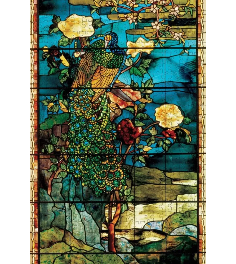 Puzzle Peacocks and Peonies II 500 pièces Pomegranate – paon et pivoines façon vitrail – chez Assemblez-Moi