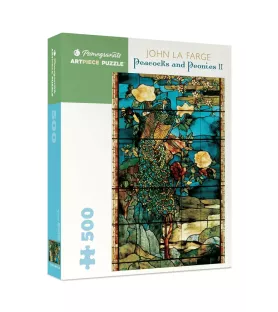 Puzzle Peacocks and Peonies II 500 pièces Pomegranate – paon et pivoines façon vitrail – chez Assemblez-Moi