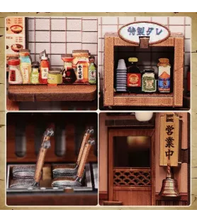 Détails du Kagawa Udon House Cutebee avec condiments, chaises et entrée de restaurant japonais
