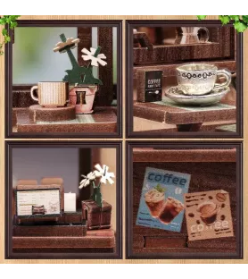Détails du Kissa Coffee Cutebee avec cafetière, paquets de café et plantes miniatures