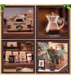 Accessoires du Kissa Coffee Cutebee avec tasse, fleurs, menu et détails de café miniature