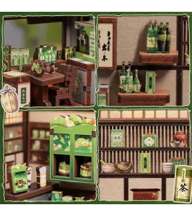 Détails du Kyoto Matcha Cottage Cutebee avec table, boîtes de thé et pâtisseries au matcha