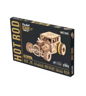 Pocket Car Hot Rod EWA en bois, vue avant avec moteur apparent