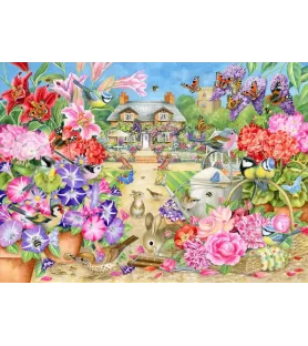Jardin d'été de Claire Comerford – cottage fleuri, papillons, mésanges et lapins – puzzle Bluebird 300 pièces