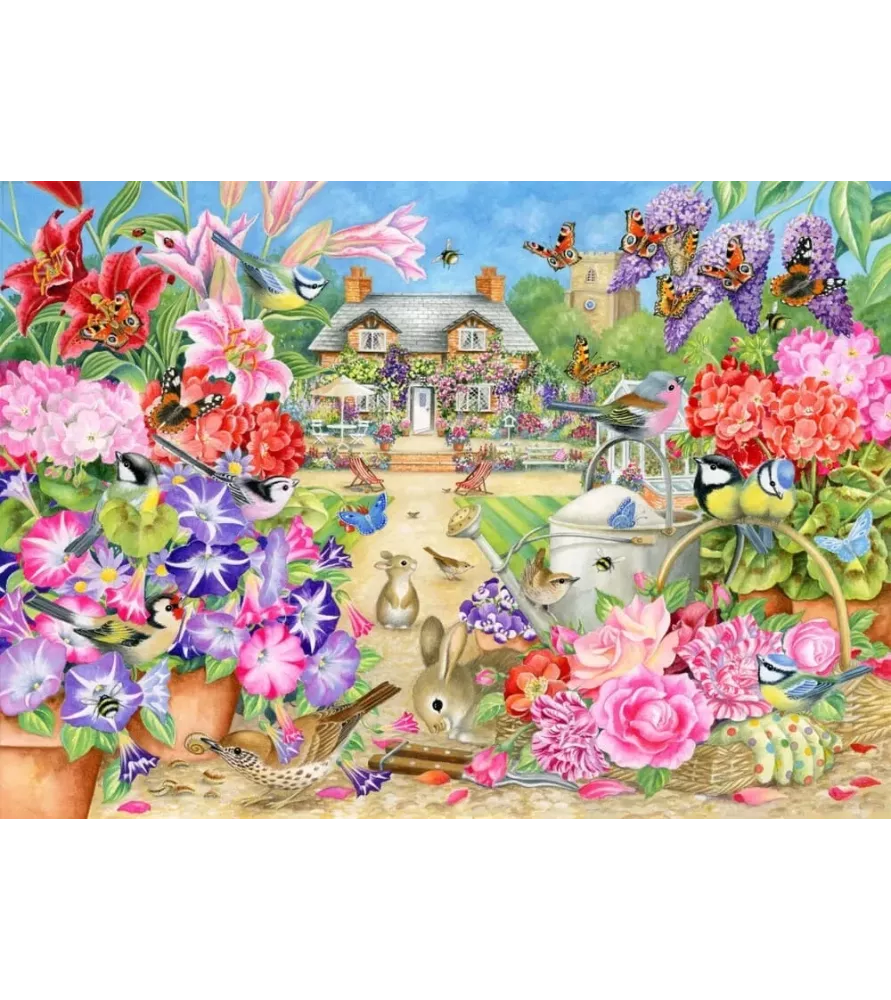 Jardin d'été de Claire Comerford – cottage fleuri, papillons, mésanges et lapins – puzzle Bluebird 300 pièces
