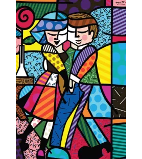 Puzzle Cheek to Cheek de Romero Britto – couple amoureux aux couleurs vives et motifs géométriques – Bluebird 1000 pièces