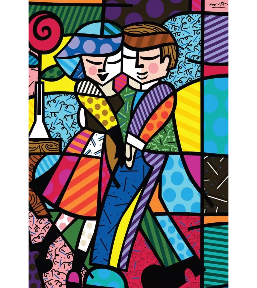 Puzzle Cheek to Cheek de Romero Britto – couple amoureux aux couleurs vives et motifs géométriques – Bluebird 1000 pièces