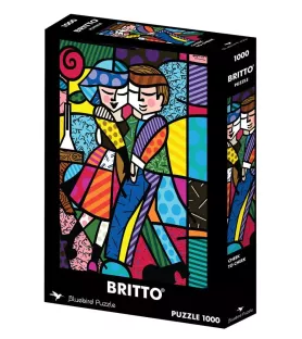 Puzzle Cheek to Cheek de Romero Britto – couple amoureux aux couleurs vives et motifs géométriques – Bluebird 1000 pièces