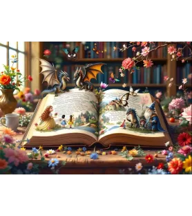 Puzzle Voyage au cœur du conte Bluebird – livre ouvert avec dragons, magicien, papillons et fleurs colorées – 1000 pièces
