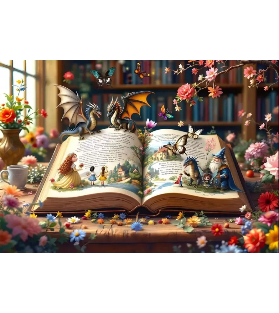 Puzzle Voyage au cœur du conte Bluebird – livre ouvert avec dragons, magicien, papillons et fleurs colorées – 1000 pièces