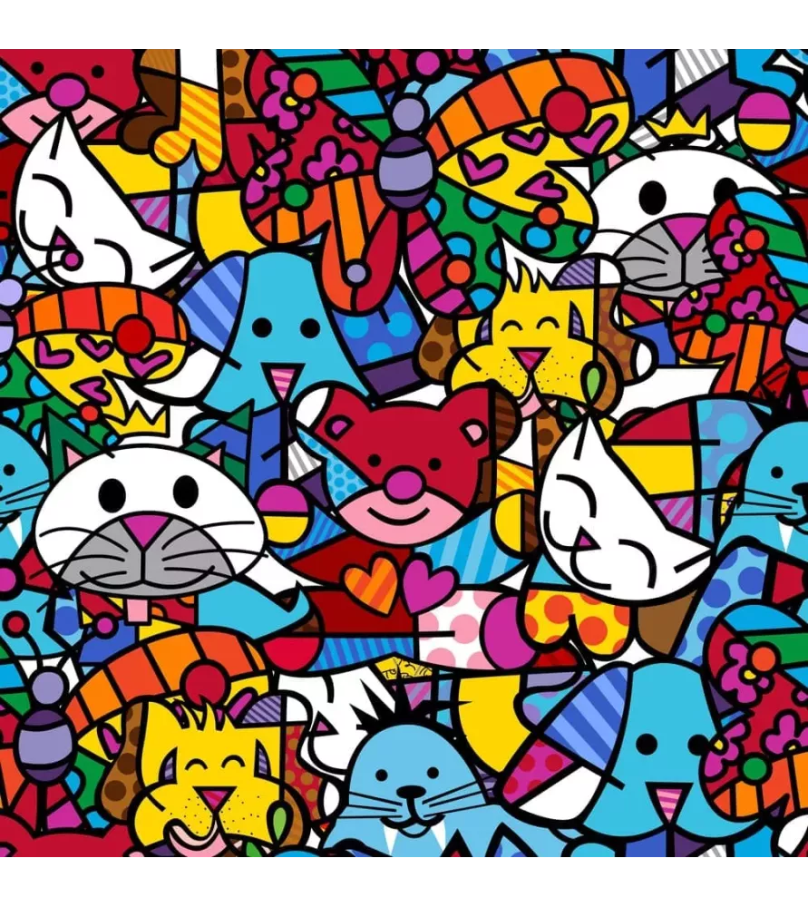 Puzzle Best Friends de Romero Britto – chats, chiens et ourson aux couleurs vives – format carré 1000 pièces