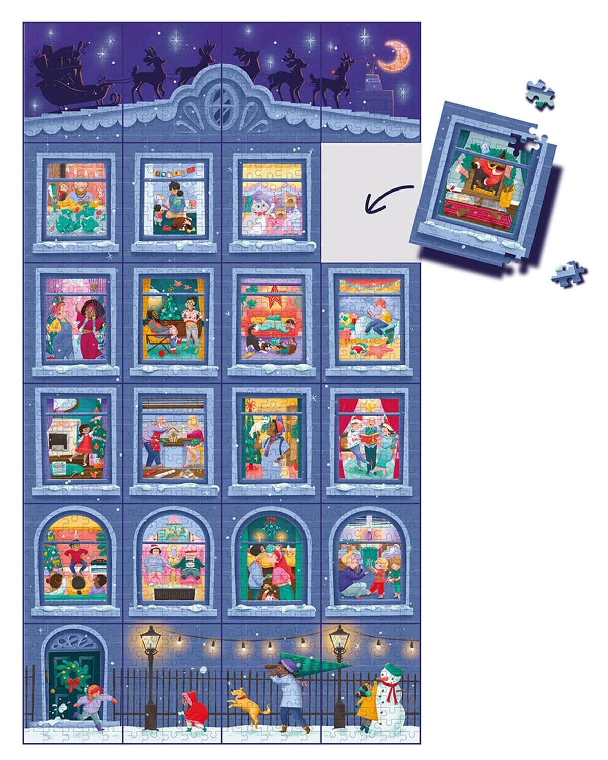 Calendrier de l'Avent Professor Puzzle avec maison et fenêtres de Noël illustrées